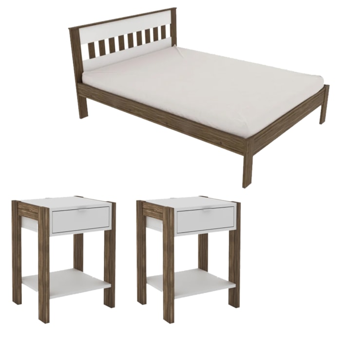 Cama Casal CM8007 E 02 Mesas De Cabeceira AZ1016 QT6 Nogal Branco Tecno Mobili