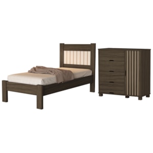 Cama de Solteiro e Comoda 4 Gavetas 1 Porta MDF Bela Chocolate Off Decmade