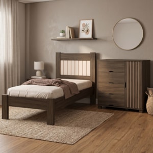 Cama de Solteiro e Comoda 4 Gavetas 1 Porta MDF Bela Chocolate Off Decmade