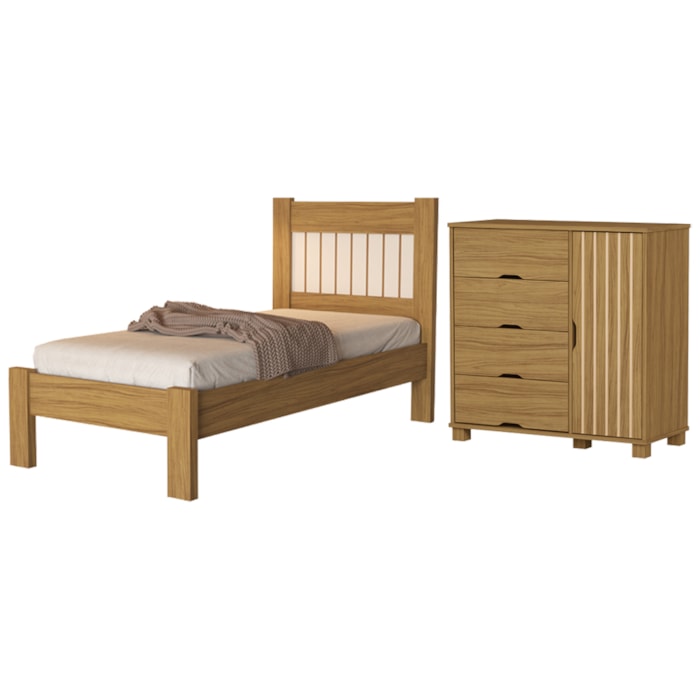 Cama de Solteiro e Comoda 4 Gavetas 1 Porta MDF Bela Nature Off Decmade
