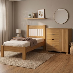 Cama de Solteiro e Comoda 4 Gavetas 1 Porta MDF Bela Nature Off Decmade