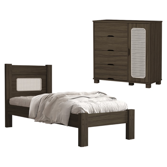 Cama de Solteiro e Comoda 4 Gavetas 1 Porta MDF Clara Chocolate Decmade