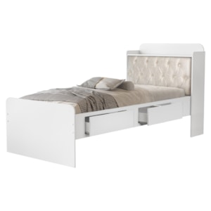 Cama Solteiro Bau 2 Gavetas MDF Tamires Capitone Branco Bege Decmade