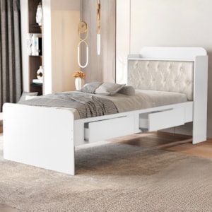 Cama Solteiro Bau 2 Gavetas MDF Tamires Capitone Branco Bege Decmade