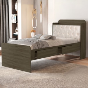 Cama Solteiro Bau 2 Gavetas MDF Tamires Capitone Castanho Bege Decmade