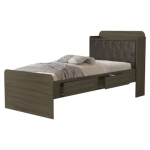 Cama Solteiro Bau 2 Gavetas MDF Tamires Capitone Castanho Nogal Decmade