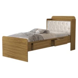 Cama Solteiro Bau 2 Gavetas MDF Tamires Capitone Nature Bege Decmade
