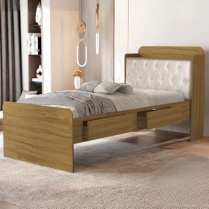 Cama Solteiro Bau 2 Gavetas MDF Tamires Capitone Nature Bege Decmade