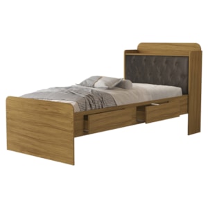 Cama Solteiro Bau 2 Gavetas MDF Tamires Capitone Nature Nogal Decmade