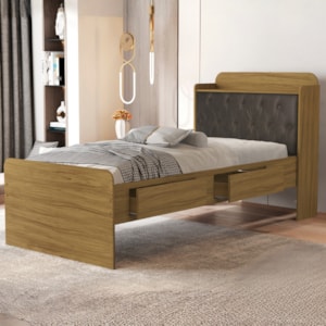 Cama Solteiro Bau 2 Gavetas MDF Tamires Capitone Nature Nogal Decmade