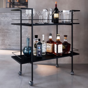 Carrinho Bar Industrial Com Rodizios P1036 Preto PP Milani Store