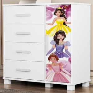 Comoda 4 Gavetas 1 Porta MDF 81 cm Livia Princesas Decmade