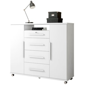 Comoda 4 Gavetas 2 Portas 1 Nicho Com Rodizios Versa 135 cm Branco Absoluto ZANZ