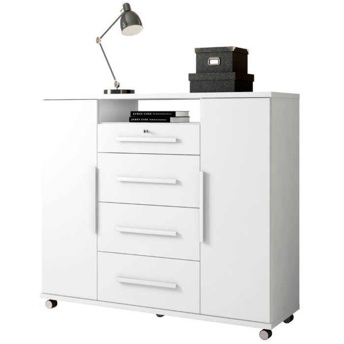 Comoda 4 Gavetas 2 Portas 1 Nicho Com Rodizios Versa 135 cm Branco Absoluto ZANZ