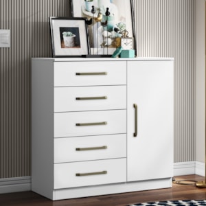 Comoda 5 Gavetas 1 Porta 91 cm Milao Branco ARMoveis