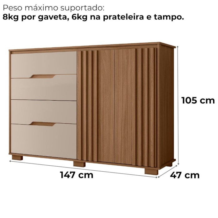 Comoda Texas 4 Gavetas 2 Portas 147 cm Carvalho Fendi Moval