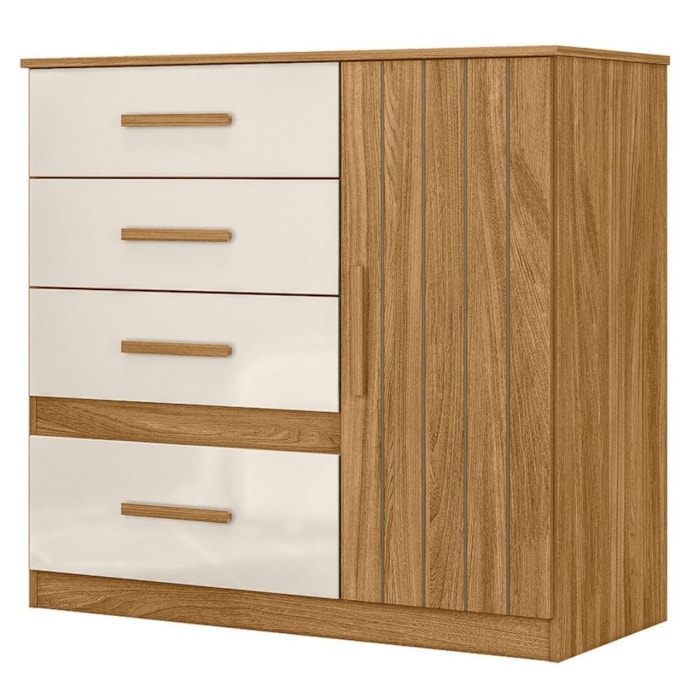 Comoda Venus 4 Gavetas 1 Porta 98 cm Freijo Off White Friso Moval