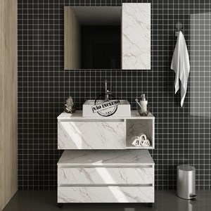 Conjunto De Armarios Para Banheiro Com Espelheira BN11 Marmore Branco Tecno Mobili