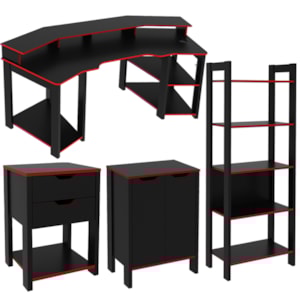 Conjunto Gamer Completo 4 Peças ME41X63X64X66X67 Preto Vermelho Tecno Mobili Conjunto Gamer Completo 4 Peças ME41X63X64X66X67 Preto Vermelho Tecno Mobili