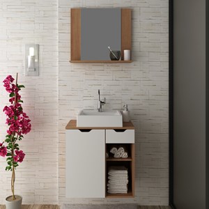 Conjunto Para Banheiro Armarios Com Cuba E Espelho BN4 Amendoa Branco Tecno Mobili