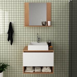 Conjunto Para Banheiro Armarios Com Cuba E Espelho BN7 Amendoa Branco Tecno Mobili
