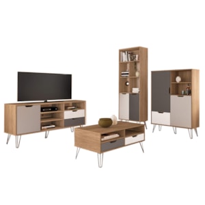 Conjunto Para Sala Rack TV 60 Pol Carvalho Branco Grafite Prata ARLY