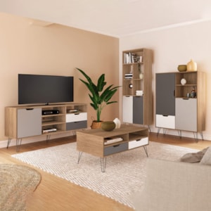 Conjunto Para Sala Rack TV 60 Pol Carvalho Branco Grafite Prata ARLY