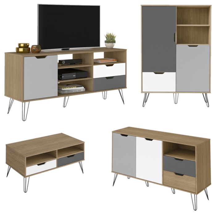 Conjunto Sala Estar Rack TV 60 Pol Carvalho Branco Grafite Prata ARLY