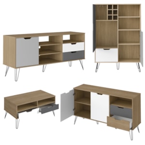 Conjunto Sala Estar Rack TV 60 Pol Carvalho Branco Grafite Prata ARLY