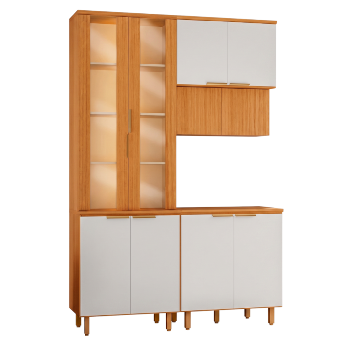 Cozinha Armario 3 Peças 150 cm Cristaleira Balcao Com Tampo MDF Bari Freijo Off Acetinado POLIMAN