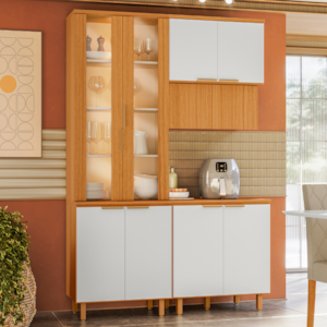 Cozinha Armario 3 Peças 150 cm Cristaleira Balcao Com Tampo MDF Bari Freijo Off Acetinado POLIMAN