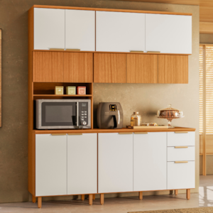 Cozinha Armario 3 Peças 190 cm Paneleiro Balcao Com Tampo MDF Bari Freijo Off Acetinado POLIMAN