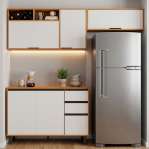Cozinha Armario 3 Peças 200 cm Balcao Com Tampo Ravena Freijo Off Acetinado POLIMAN