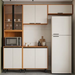 Cozinha Armario 4 Peças 220 cm Cristaleira Balcao Com Tampo Ravena Freijo Off Acetinado POLIMAN