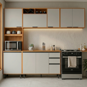 Cozinha Armario 4 Peças 260 cm Paneleiro Balcao Tampo Ravena Freijo Off Acetinado POLIMAN