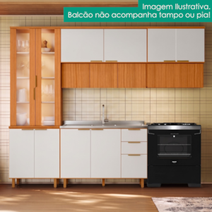 Cozinha Armario 4 Peças 270 cm Cristaleira Balcao Para Pia MDF Bari Freijo Off Acetinado POLIMAN