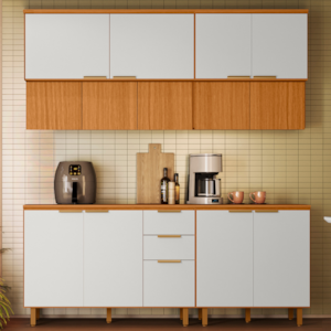 Cozinha Armario 5 Peças 200 cm Balcao Com Tampo MDF Bari Freijo Off Acetinado POLIMAN