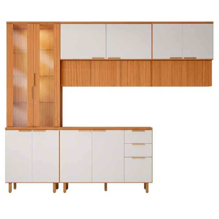 Cozinha Armario 5 Peças 270 cm Cristaleira Balcao Com Tampo MDF Bari Freijo Off Acetinado POLIMAN