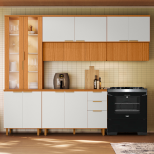 Cozinha Armario 5 Peças 270 cm Cristaleira Balcao Com Tampo MDF Bari Freijo Off Acetinado POLIMAN