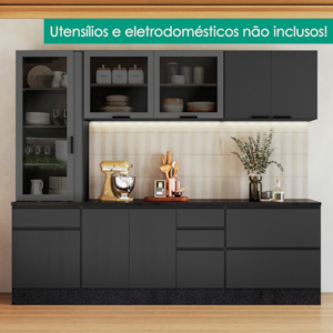 Cozinha Armario 5 Peças Cristaleira Balcao Com Tampo 258 cm Etna Grafite POLIMAN