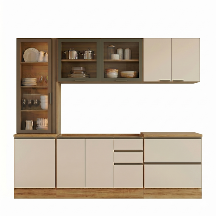 Cozinha Armario 5 Peças Cristaleira Balcao Para Pia 258 cm Etna Carvalho Oak Off White POLIMAN