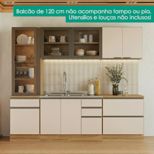 Cozinha Armario 5 Peças Cristaleira Balcao Para Pia 258 cm Etna Carvalho Oak Off White POLIMAN