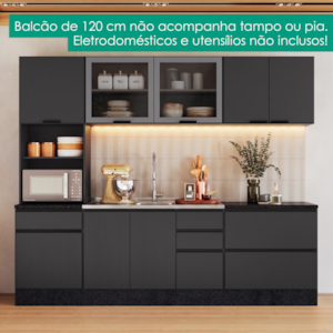 Cozinha Armario 5 Peças Paneleiro Balcao Para Pia 258 cm Etna Grafite POLIMAN