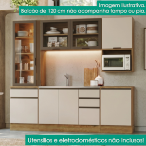 Cozinha Armario 6 Peças Cristaleira Balcao Para Pia 258 cm Etna Carvalho Oak Off White POLIMAN