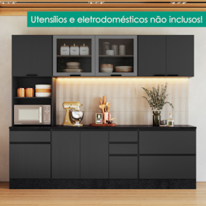 Cozinha Armario 6 Peças Paneleiro Balcao Com Tampo 258 cm Etna Grafite POLIMAN