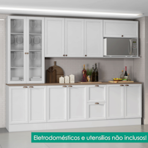 Cozinha Armario 7 Peças Cristaleira Balcao Com Tampo 270 cm Unna Branco POLIMAN