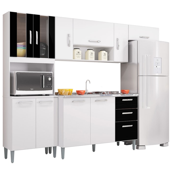 Cozinha Com Balcao Sem Tampo 244 cm 506X08 Branco Preto POQQ