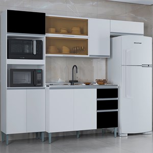 Cozinha Compacta 205 cm Com Balcao Pia Branco Preto POQQ