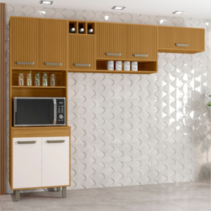 Cozinha Compacta 3 Peças 258x218 cm Malta Freijo Ripado Off Acetinado POLIMAN