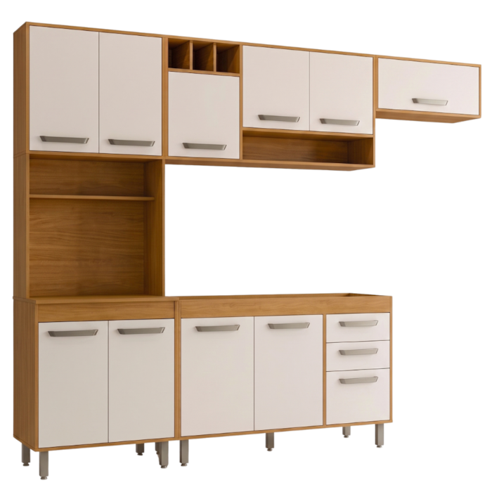 Cozinha Compacta 4 Peças 258x218 cm Balcao Para Pia Malta Freijo Off Acetinado POLIMAN